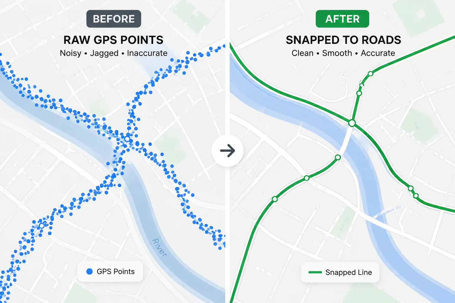 Before-and-after GPS trace: raw location points snapped to a clean, road-following route.
