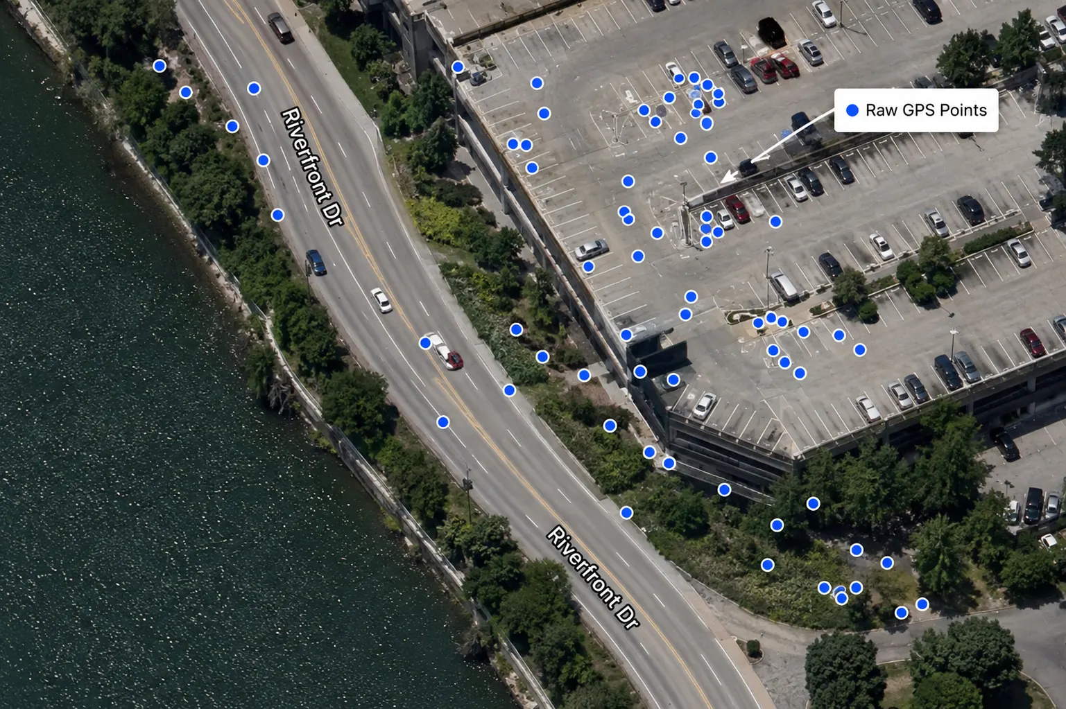 Raw GPS points scattered off the road, showing how location noise can distort real-world routes.