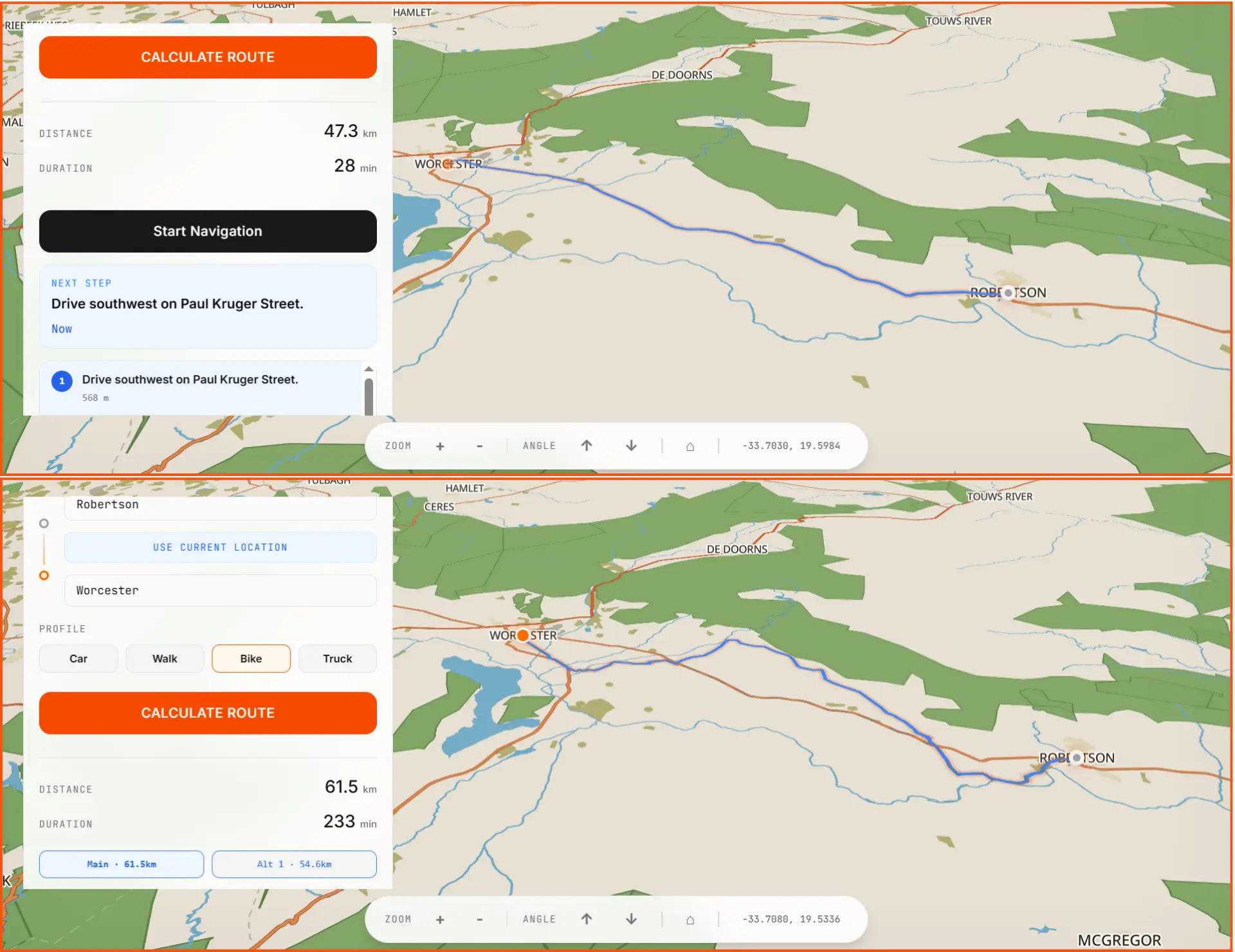 Two different routes generated by the engine for car and bike profiles